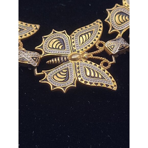 Damascene Spanish Butterfly Chain Link Gold Tone Necklace & Bracelet Vintage - Picture 7 of 8